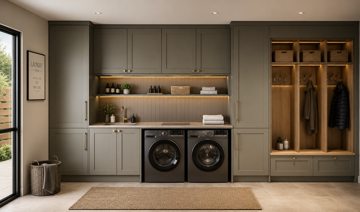 Bespoke fitted laundry room with shaker cabinets, integrated storage, sink and washer dryer