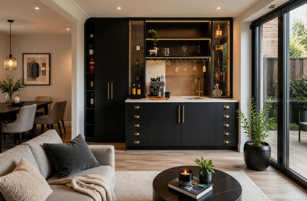 Bespoke Home Bar Unit in Basalt Deep Dark Grey with Trafalgar cup handles, Slate Grey interior, integrated storage, display shelving and fitted home bar cabinetry by Metro Home Interiors in London.