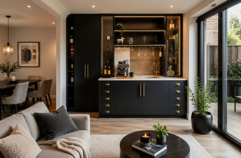 Bespoke Home Bar Unit in Basalt Deep Dark Grey with Trafalgar cup handles, Slate Grey interior, integrated storage, display shelving and fitted home bar cabinetry by Metro Home Interiors in London.