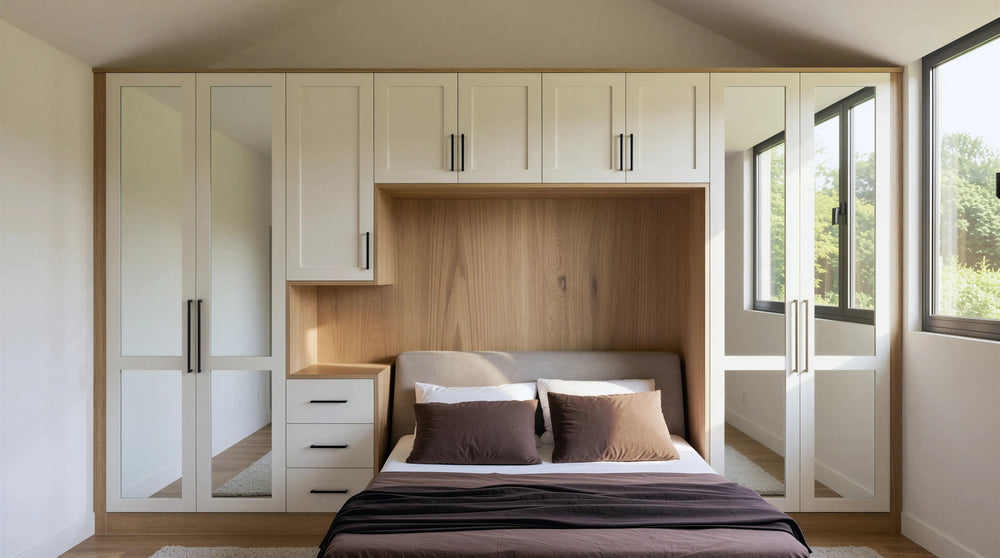 Bespoke Mirrored Shaker Over-Bed Wardrobe London featuring mirrored shaker doors, warm wood accents, integrated bedside storage and overhead fitted cabinets by Metro Home Interiors.
