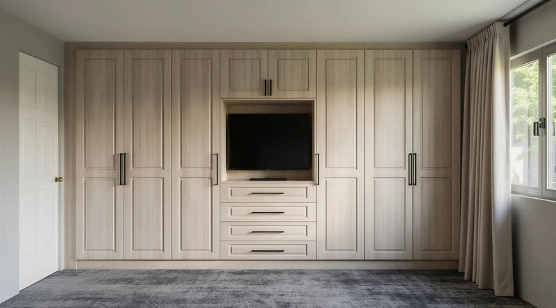 Ashford Light Cashmere Oak Shaker TV Wardrobe with 8 hinged doors, integrated TV unit, four drawers, matt black handles and bespoke fitted bedroom storage by Metro Wardrobes London.