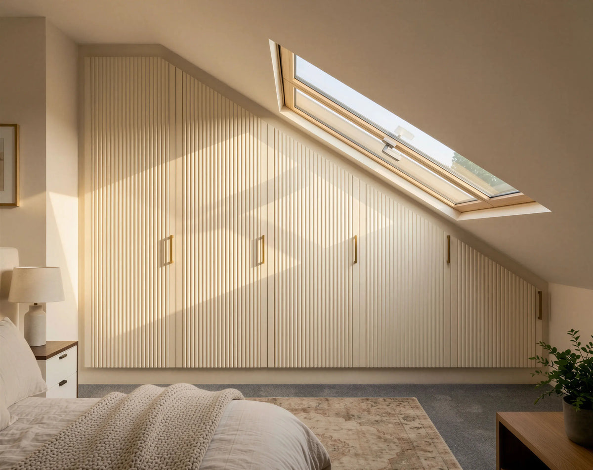 Bespoke slab loft wardrobe in London with fitted doors, sloping ceiling storage and made-to-measure design by Metro home interiors.  