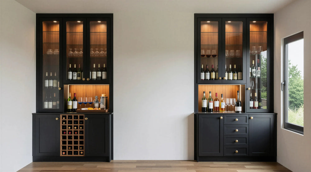 Blackwood bespoke media unit in matt black finish with integrated TV storage, floating cabinets and custom shelving, made to measure in London.
