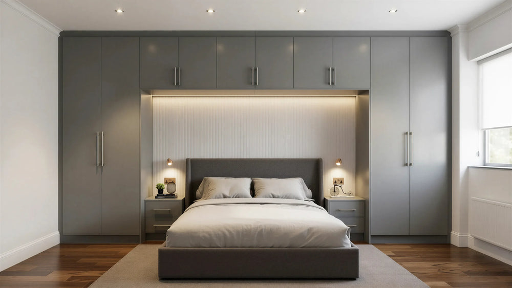 Blenheim over-bed wardrobe in London: dust grey slab towers with slim bar handles, a white bridging cabinet with lit slatted headboard panel and built-in bedside drawers. Made to measure by Metro Home Interiors