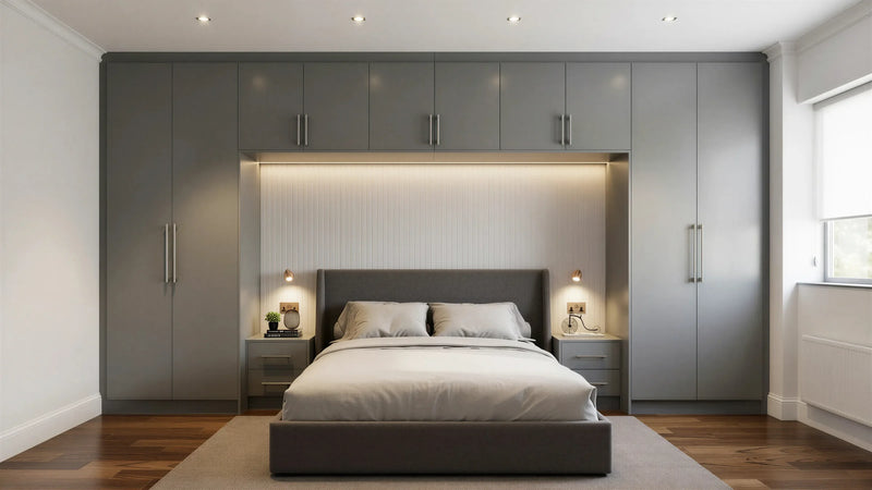 Blenheim over-bed wardrobe in London: dust grey slab towers with slim bar handles, a white bridging cabinet with lit slatted headboard panel and built-in bedside drawers. Made to measure by Metro Home Interiors