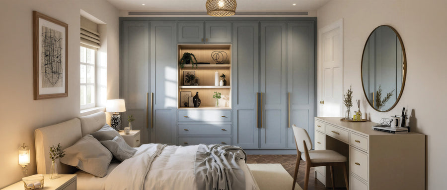 Blue-grey 5G vinyl shaker fitted wardrobes with a lit display niche, drawers and a matching dressing table in a bedroom, made to measure in London