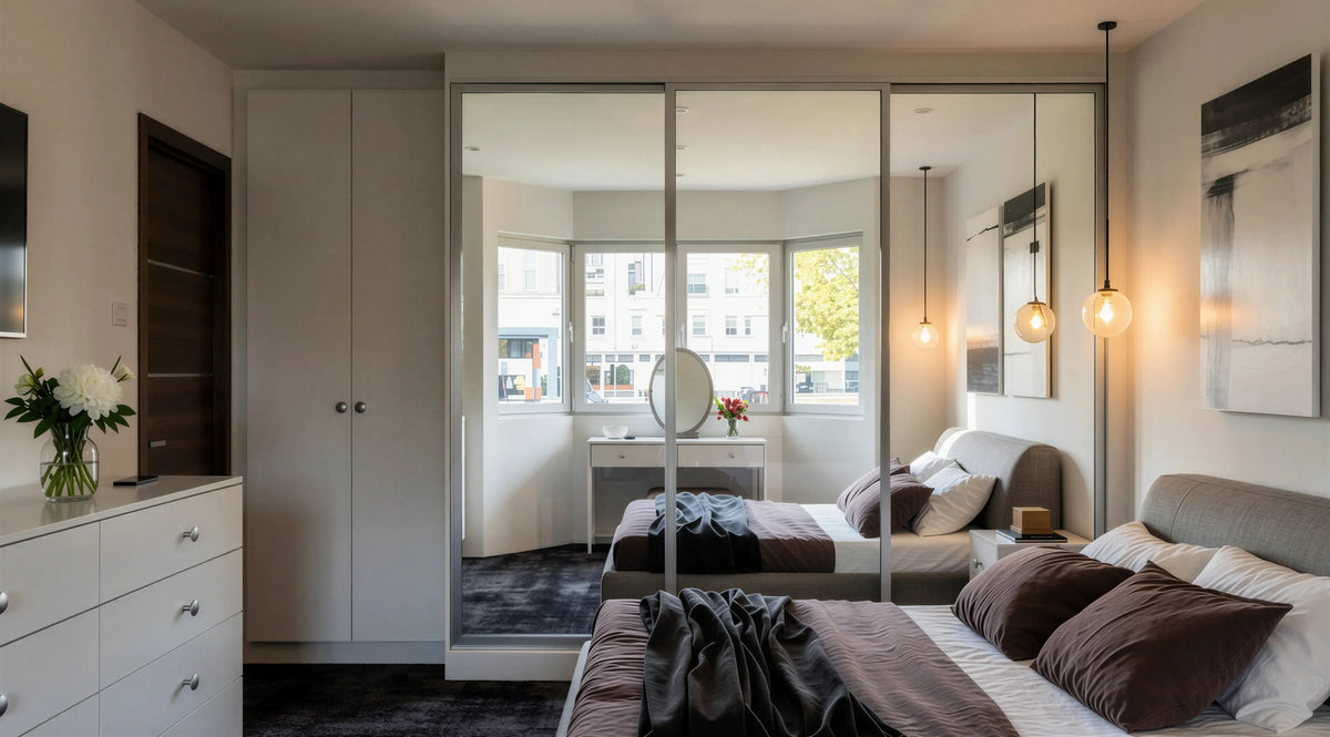 Brighton Mirror Sliding Wardrobe with full-height mirror sliding doors, white frame, silver aluminium profiles and soft-close sliding system by Metro Home Interiors in London.