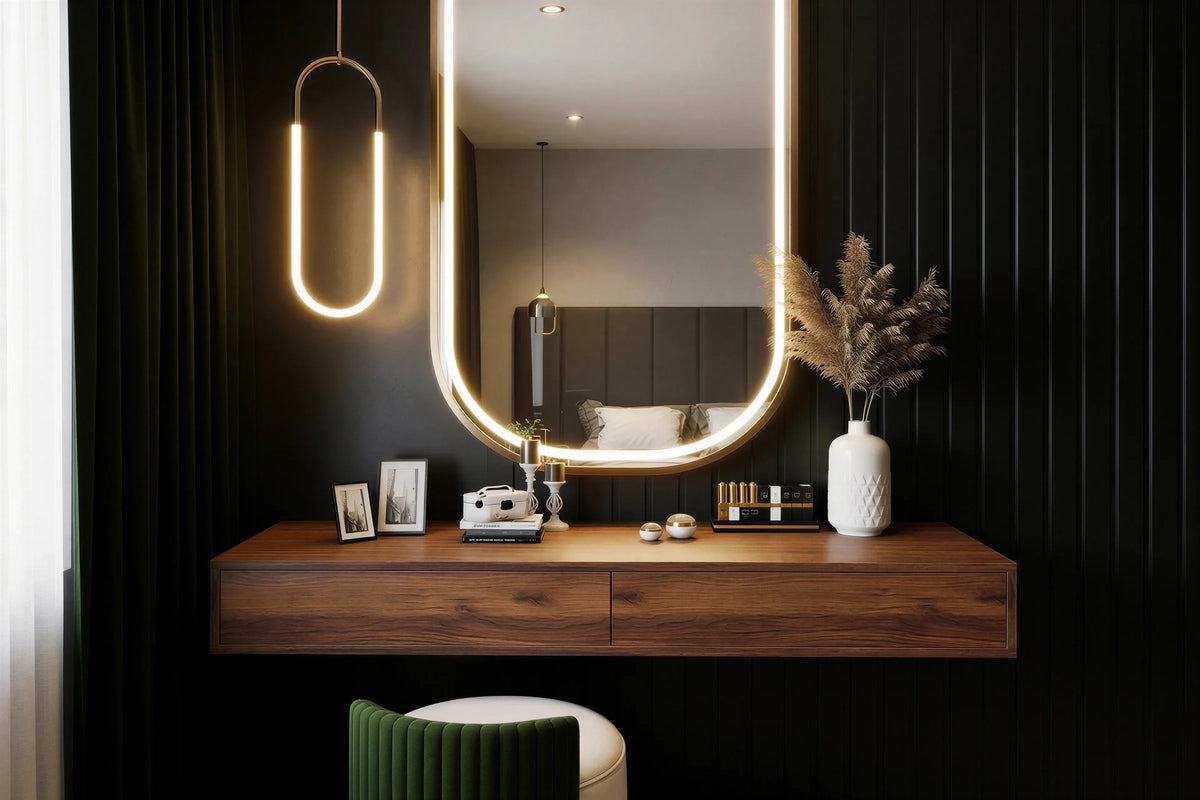 Cadogan floating dressing table in London: a walnut two-drawer wall-hung table under a lit pill mirror on a dark green panelled wall, with a brass pendant beside it. Made to measure by Metro Home Interiors