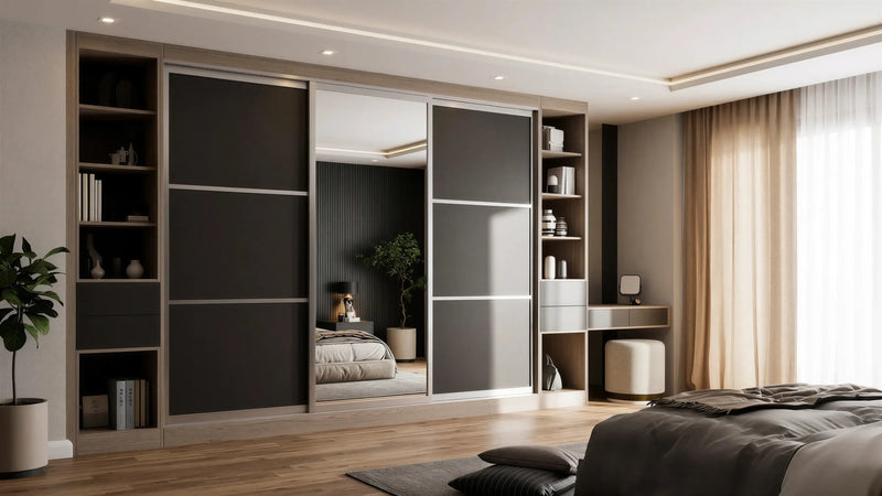 Cambridge Glass and Mirror Sliding Wardrobe in London, Layout 1 door layout: charcoal panels with smoked glass and mirror sections, champagne profiles and oak open shelving, made to measure by Metro Home Interiors