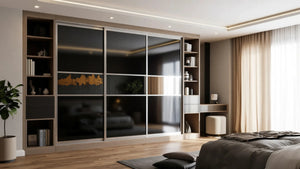 Cambridge Glass and Mirror Sliding Wardrobe in London, Layout 11 door layout: charcoal panels with smoked glass and mirror sections, champagne profiles and oak open shelving, made to measure by Metro Home Interiors