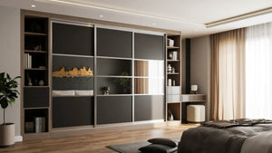 Cambridge Glass and Mirror Sliding Wardrobe in London, Layout 12 door layout: charcoal panels with smoked glass and mirror sections, champagne profiles and oak open shelving, made to measure by Metro Home Interiors