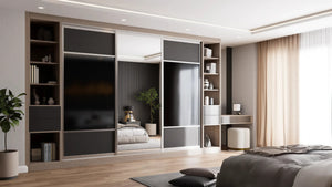 Cambridge Glass and Mirror Sliding Wardrobe in London, Layout 13 door layout: charcoal panels with smoked glass and mirror sections, champagne profiles and oak open shelving, made to measure by Metro Home Interiors