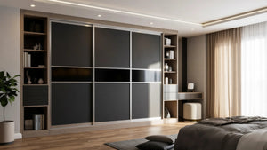 Cambridge Glass and Mirror Sliding Wardrobe in London, Layout 4 door layout: charcoal panels with smoked glass and mirror sections, champagne profiles and oak open shelving, made to measure by Metro Home Interiors