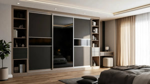 Cambridge Glass and Mirror Sliding Wardrobe in London, Layout 5 door layout: charcoal panels with smoked glass and mirror sections, champagne profiles and oak open shelving, made to measure by Metro Home Interiors