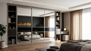 Cambridge Glass and Mirror Sliding Wardrobe in London, Layout 6 door layout: charcoal panels with smoked glass and mirror sections, champagne profiles and oak open shelving, made to measure by Metro Home Interiors