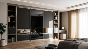 Cambridge Glass and Mirror Sliding Wardrobe in London, Layout 9 door layout: charcoal panels with smoked glass and mirror sections, champagne profiles and oak open shelving, made to measure by Metro Home Interiors