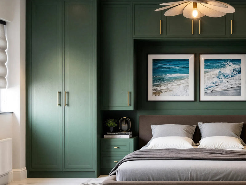 Campbell door detail: forest green painted solid ash Campbell plain shaker doors with brass bar handles, on a made-to-measure fitted wardrobe in London by Metro Home Interiors