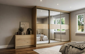 Canterbury Woodgrain Sliding Wardrobe in London, Central 300 door layout: light oak woodgrain doors with black profiles and mirror options, made to measure by Metro Home Interiors