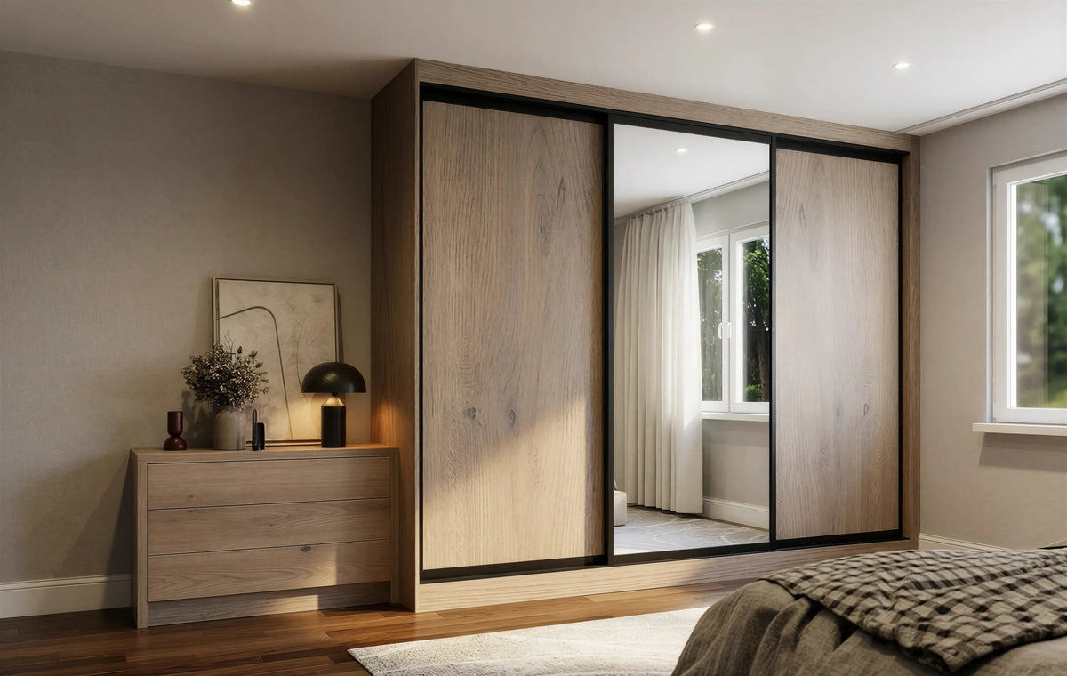 Canterbury Woodgrain Sliding Wardrobe in London, Full Panel door layout: light oak woodgrain doors with black profiles and mirror options, made to measure by Metro Home Interiors