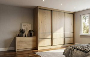 Canterbury Woodgrain Sliding Wardrobe in London, Low 300 door layout: light oak woodgrain doors with black profiles and mirror options, made to measure by Metro Home Interiors