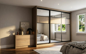 Canterbury Woodgrain Sliding Wardrobe in London, Top 400 door layout: light oak woodgrain doors with black profiles and mirror options, made to measure by Metro Home Interiors