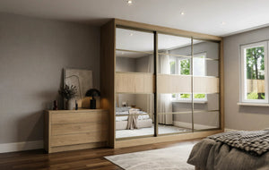 Canterbury Woodgrain Sliding Wardrobe in London, Two 400 door layout: light oak woodgrain doors with black profiles and mirror options, made to measure by Metro Home Interiors