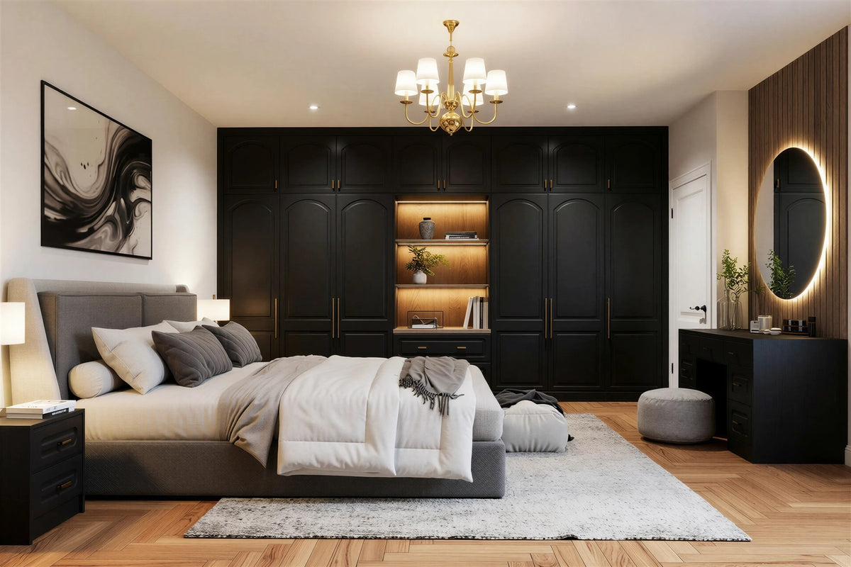 Bespoke Fitted Wardrobe — arched Capital Arch doors in near-black with brass