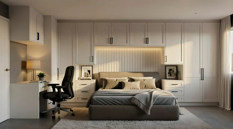Chartwell Over-Bed Wardrobe London featuring beige Shaker doors, overhead bridging cabinets, integrated bedside units, fitted desk and bespoke bedroom storage by Metro Home Interiors.