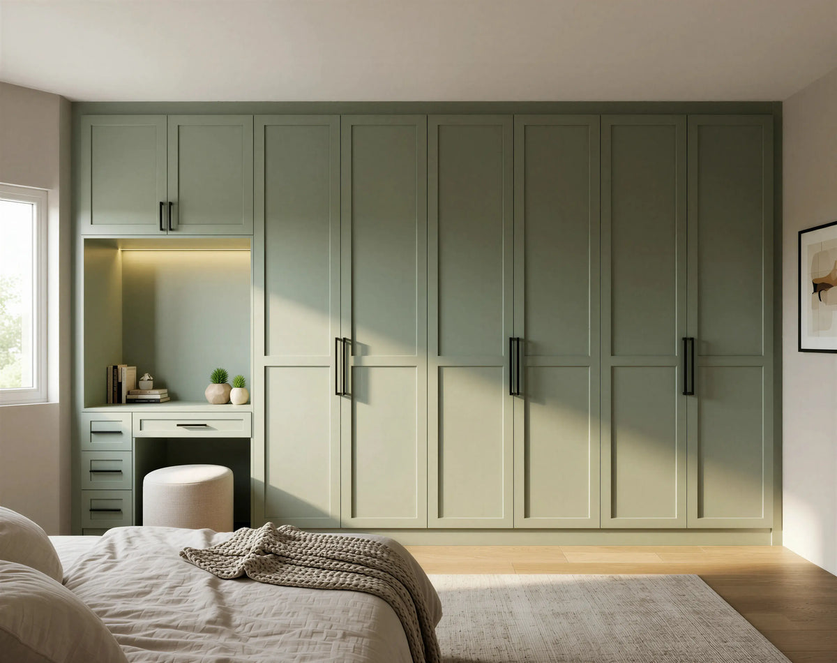 Chelsea made-to-measure Shaker wardrobe in Sage Green matt with matt black bar handles, soft-close doors and bespoke fitted bedroom storage by Metro Home Interiors.