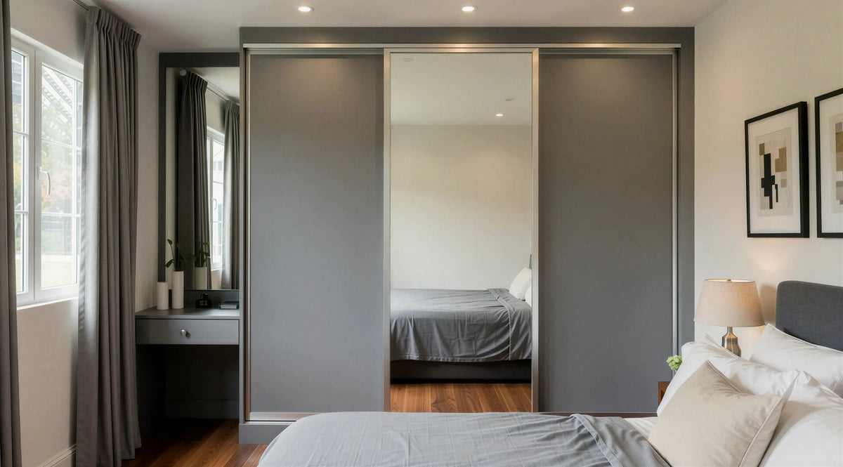Chester 3 Door Sliding Mirror Wardrobe in Dust Grey featuring full-height mirrored sliding doors, silver aluminium profiles, soft-close sliding mechanism and bespoke fitted bedroom storage by Metro Home Interiors.
