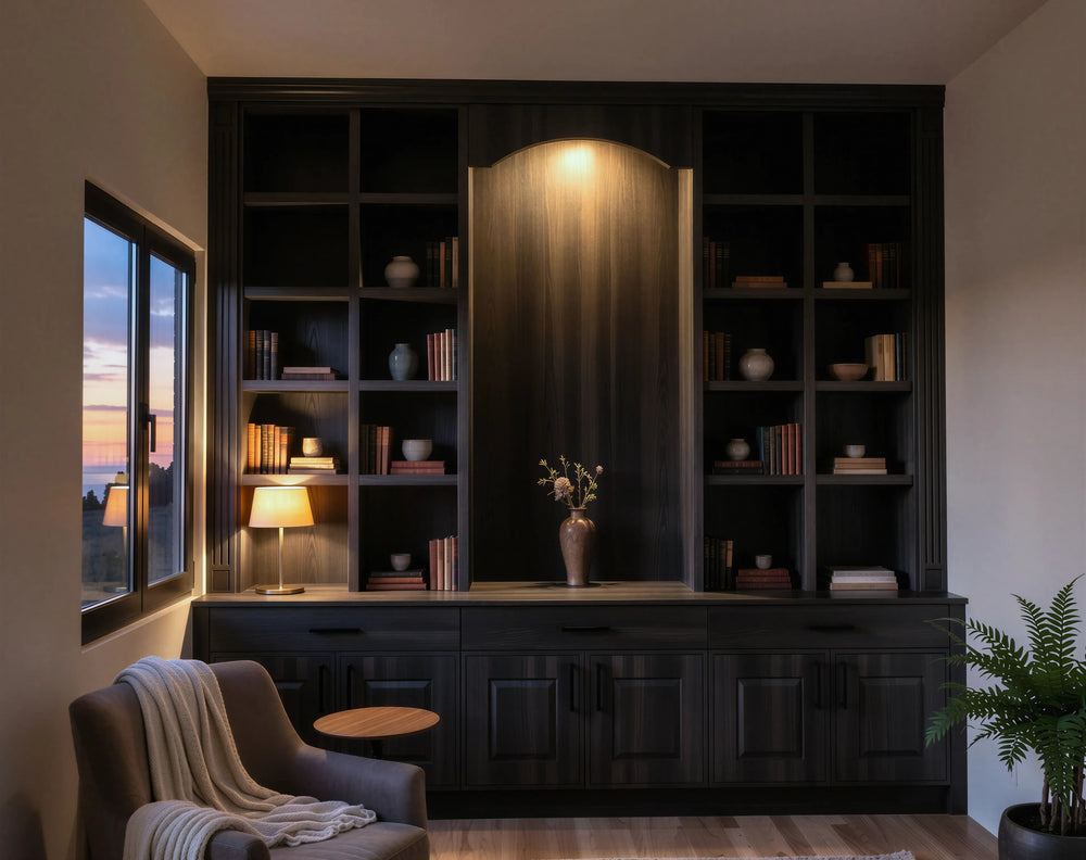 Churchill Home Office in Legno Black O&S featuring Calcutta style shaker doors, bespoke fitted desk, premium home office storage and made-to-measure furniture by Metro Home Interiors.