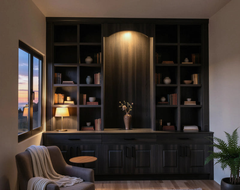 Churchill Home Office in Legno Black O&S featuring Calcutta style shaker doors, bespoke fitted desk, premium home office storage and made-to-measure furniture by Metro Home Interiors.