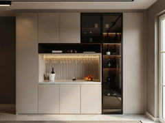 Clarendon Bespoke Bar Unit in Cashmere Matt with a white marble-effect worktop, smoked glass display cabinet, black aluminium frame, integrated LED lighting and bespoke home bar storage by Metro Home Interiors in London. 