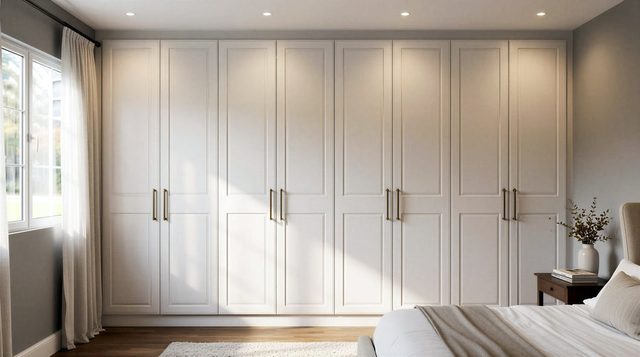 Cream shaker wardrobes with knobs running the length of a bedroom wall