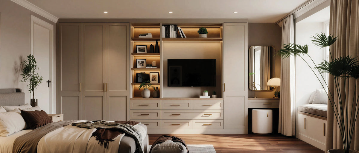 Cream fitted bedroom furniture with a lit media wall, drawers, dressing table and window seat, made to measure in London
