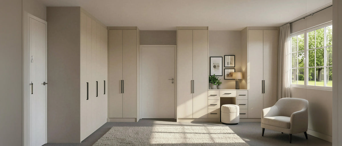 Cream shaker fitted wardrobes wrapping a bedroom with a built-in dressing table and an armchair, made to measure in London