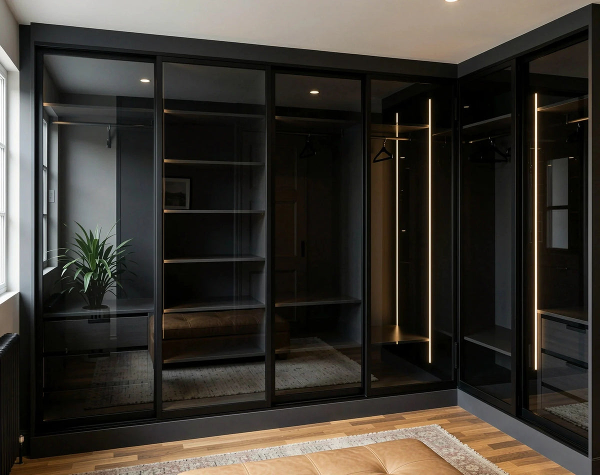Durham Black Glass Sliding Wardrobe with black tinted glass sliding doors, matt black aluminium frame, carbon grey interior and soft-close sliding system by Metro Home Interiors in London.