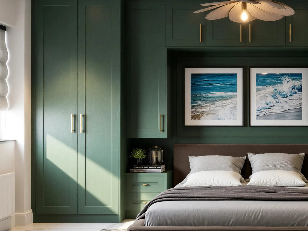Edison door detail: forest green painted solid ash Edison beaded shaker doors with brass bar handles, on a made-to-measure fitted wardrobe in London by Metro Home Interiors