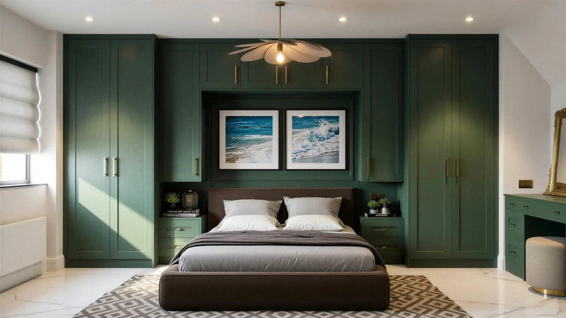 Edison fitted wardrobes in London: forest green painted solid ash Edison beaded shaker doors with brass bar handles, wrapping the bed with over-bed storage, bedside chests and a dressing table