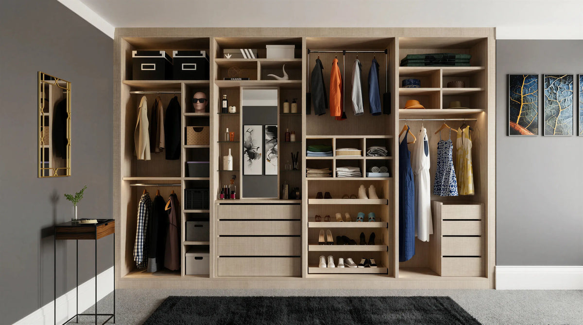 Evangeline Hinged Wardrobe in Cashmere Grey featuring open fitted wardrobe storage, integrated mirror, handleless drawers, shoe racks, hanging rails and warm LED lighting by Metro Home Interiors.
