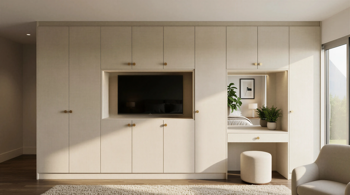 Fairview Hinged Wardrobe in Grey Textile with flush slab doors, knob handles, matching Grey Textile interior and soft-close hinges by Metro Home Interiors in London.
