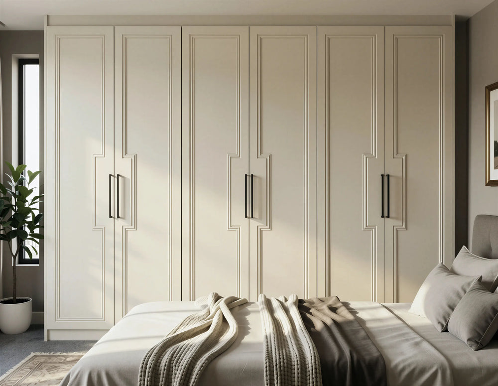 Bespoke fitted wardrobe with classic panel design in Cashmere matte finish, black slim bar handles, in a modern bedroom setting