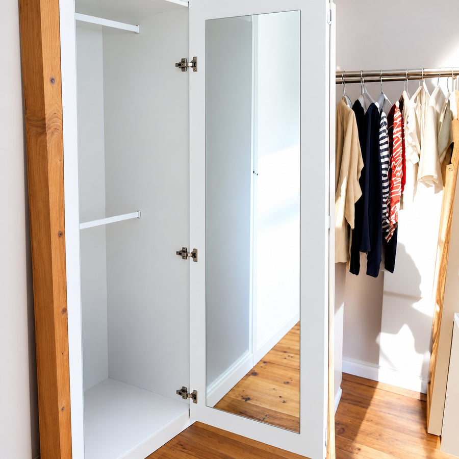 Full-length internal mirror fitted to the inside of a white wardrobe door, open beside a hanging rail of clothes