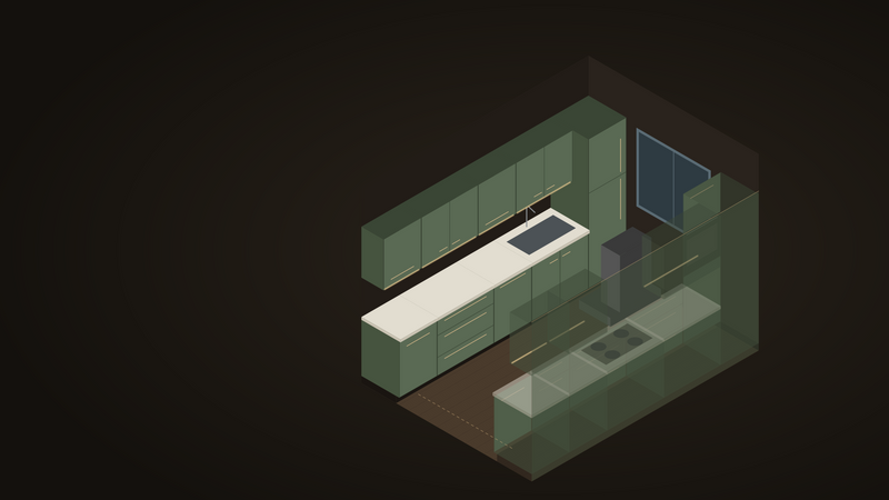 Galley kitchen layout, illustrated cutaway