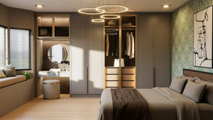 Genevieve fitted bedroom furniture in London: taupe wardrobes with glazed display doors, lit shelving, a round-mirror dressing table and a window seat; the wardrobe wall with glazed display doors, lit shelving and the round dressing mirror. Made to measure by Metro Home Interiors