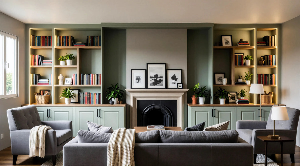 Gladstone Bookshelf Unit in Reed Green featuring Salisbury shaker doors, open display shelving, profile handles and bespoke fitted bookshelf storage by Metro Home Interiors.