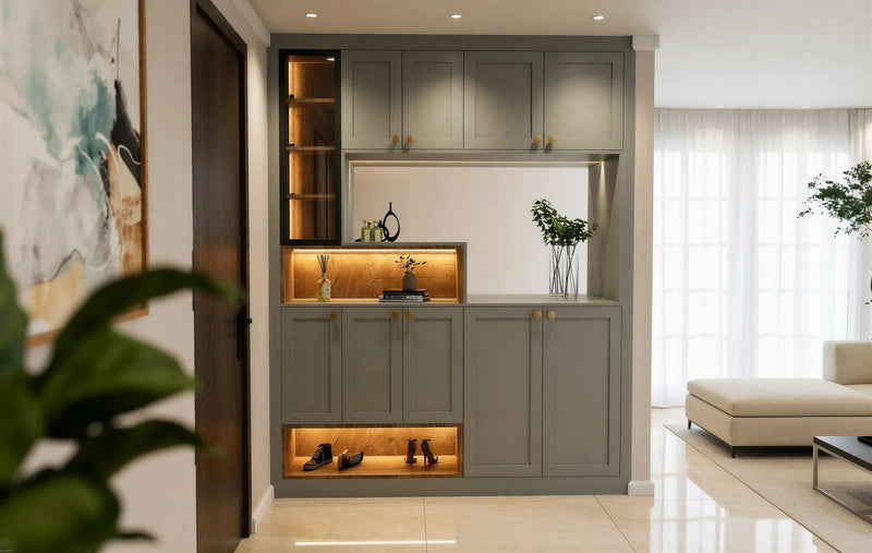 Hanover fitted foyer unit in London: a grey-green shaker hallway unit with brass knobs, a lit oak worktop niche with a mirror back, a lit shelf column, base cupboards and an open lit shoe bay, beside the front door. Made to measure by Metro Home Interiors