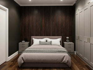 Hartford MDF painted fitted wardrobe in London: soft grey 90mm shaker doors, wardrobes either side of the bed with matching bedside chests against a dark slatted wall, made to measure by Metro Home Interiors