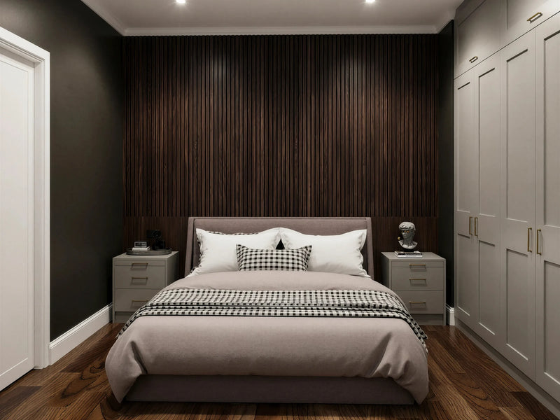 Hartford MDF painted fitted wardrobe in London: soft grey 90mm shaker doors, wardrobes either side of the bed with matching bedside chests against a dark slatted wall, made to measure by Metro Home Interiors