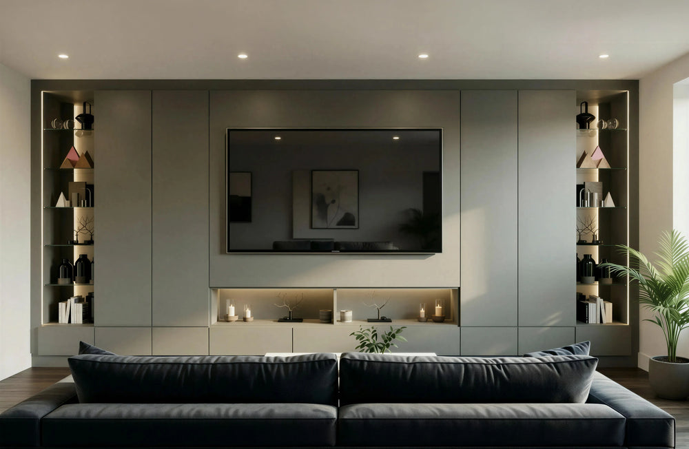 Haymarket Media Unit in Dust Grey Matt with wall-to-wall TV unit, concealed storage, LED display shelving, push-to-open doors and bespoke fitted media furniture by Metro Home Interiors in London. 